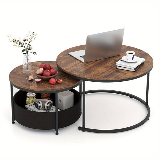2 in 1 round Nesting Coffee Table Set with wood tops and modern metal base for stylish living rooms