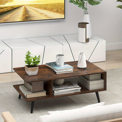 Nutshell 2 Tier square coffee table with open shelving and rustic finish, perfect for living rooms