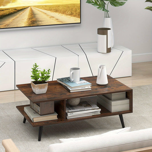 Nutshell 2 Tier square coffee table with open shelving and rustic finish, perfect for living rooms