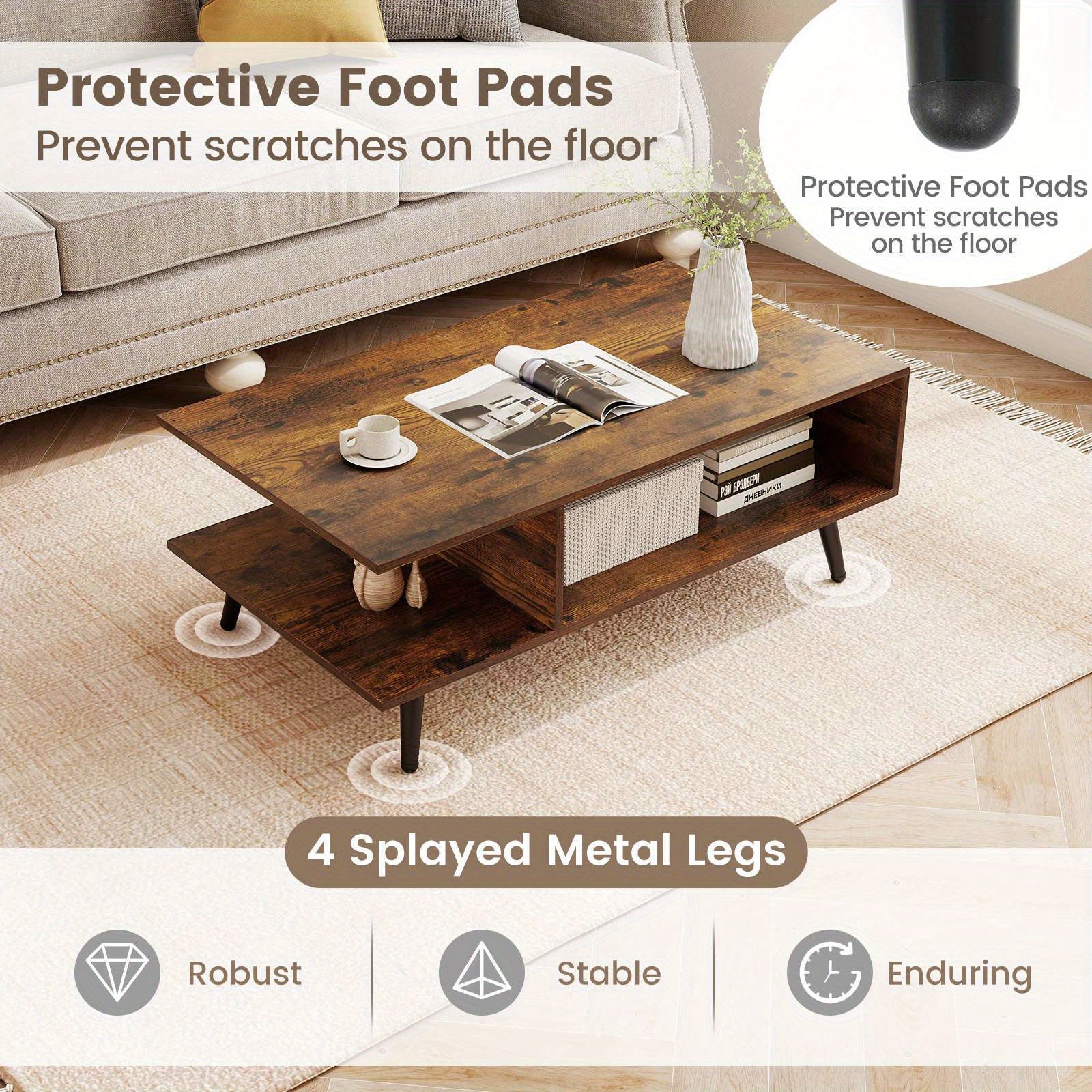 Nutshell 2 Tier square coffee table with protective foot pads and sturdy splayed metal legs