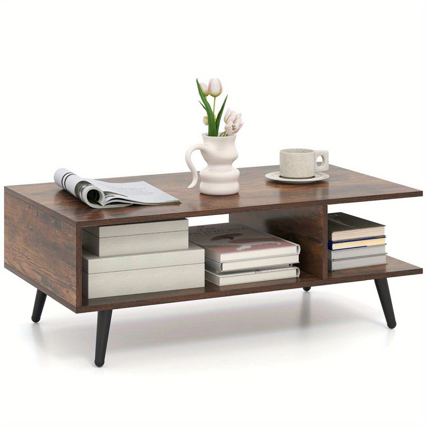 Nutshell 2 Tier square coffee table with wooden finish and open storage for magazines and decor