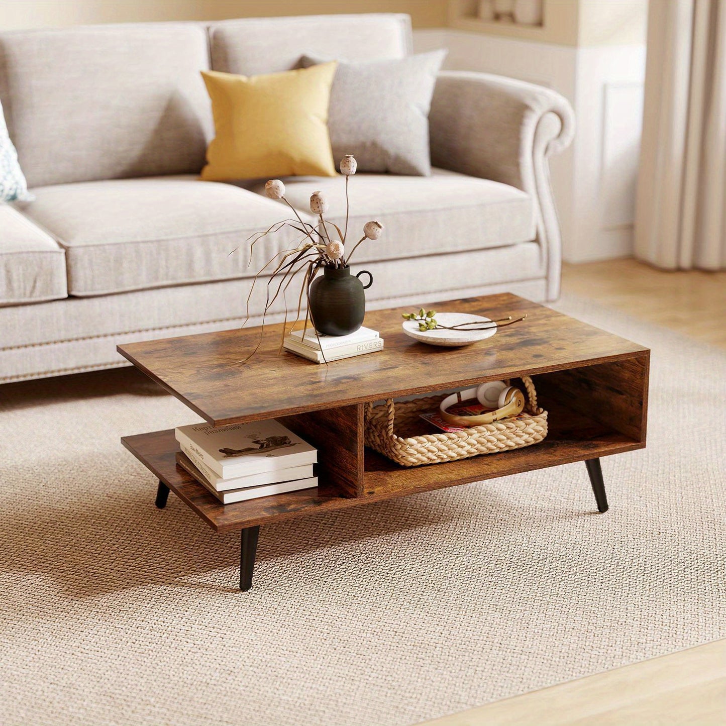 Nutshell 2 Tier square coffee table with rustic wood finish and stylish storage space