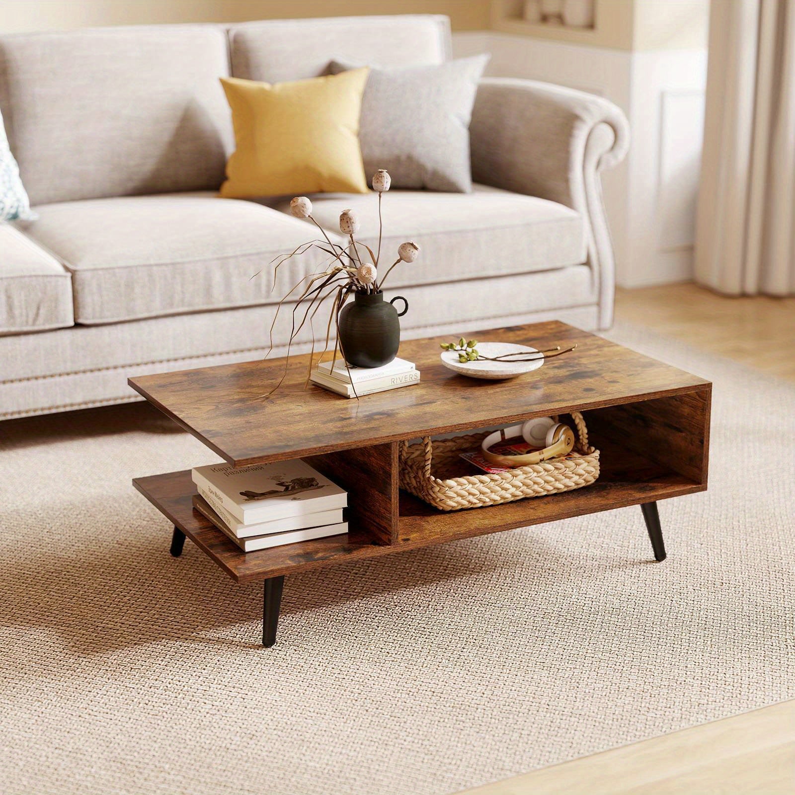 Nutshell 2 Tier square coffee table with rustic wood finish and stylish storage space