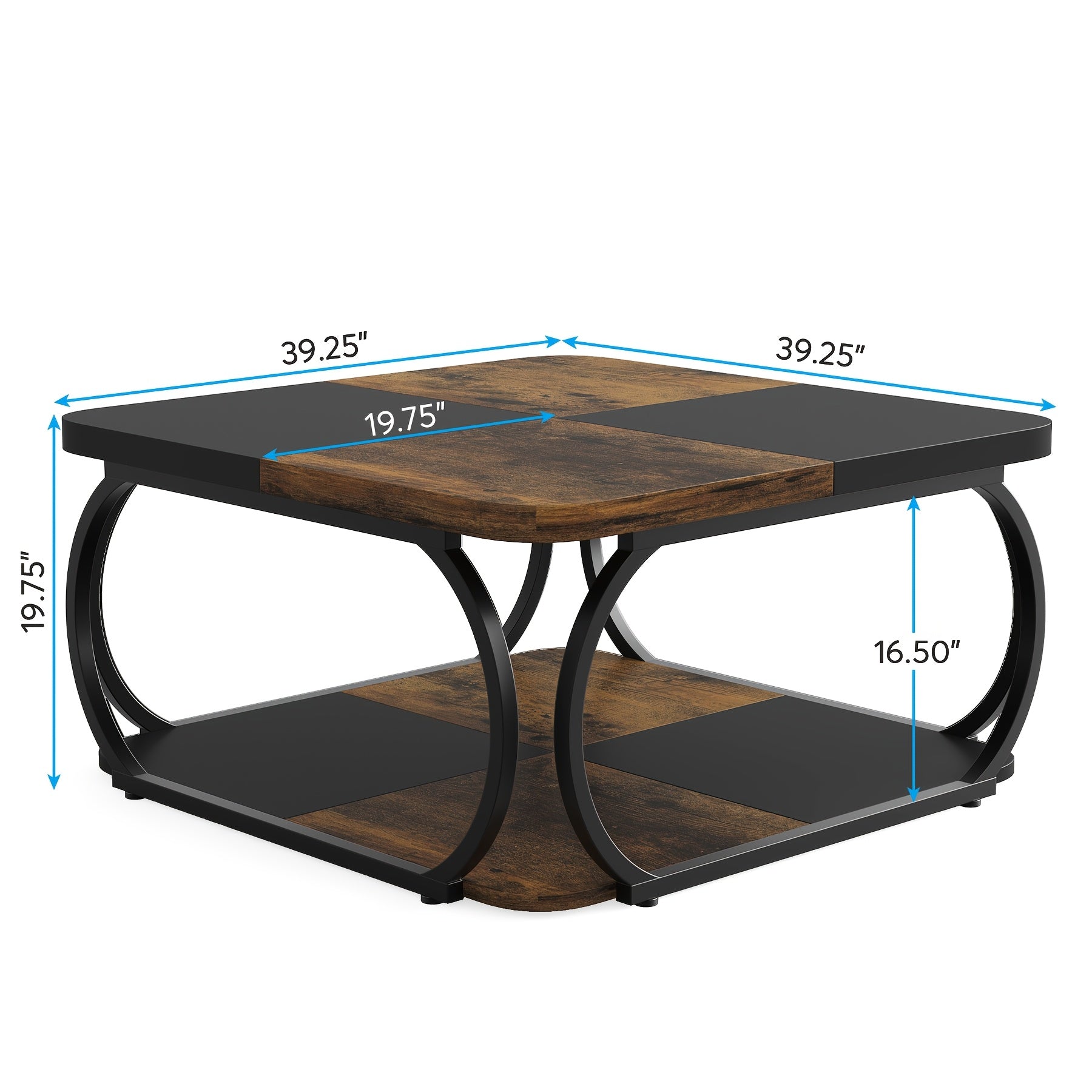 Nutshell 2 Tier square coffee table with black metal frame and wood finish shelves
