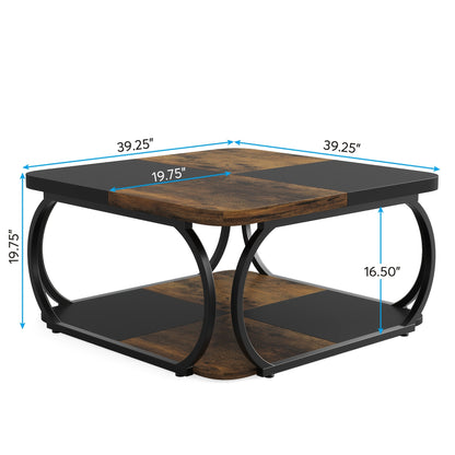 Nutshell 2 Tier square coffee table with black metal frame and wood finish shelves