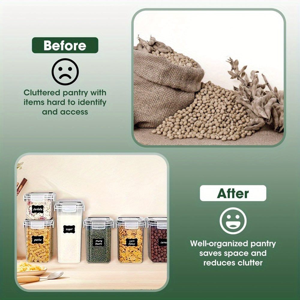 24pcs Dry Food Canisters with Lids showcasing a clutter-free pantry organization before and after.