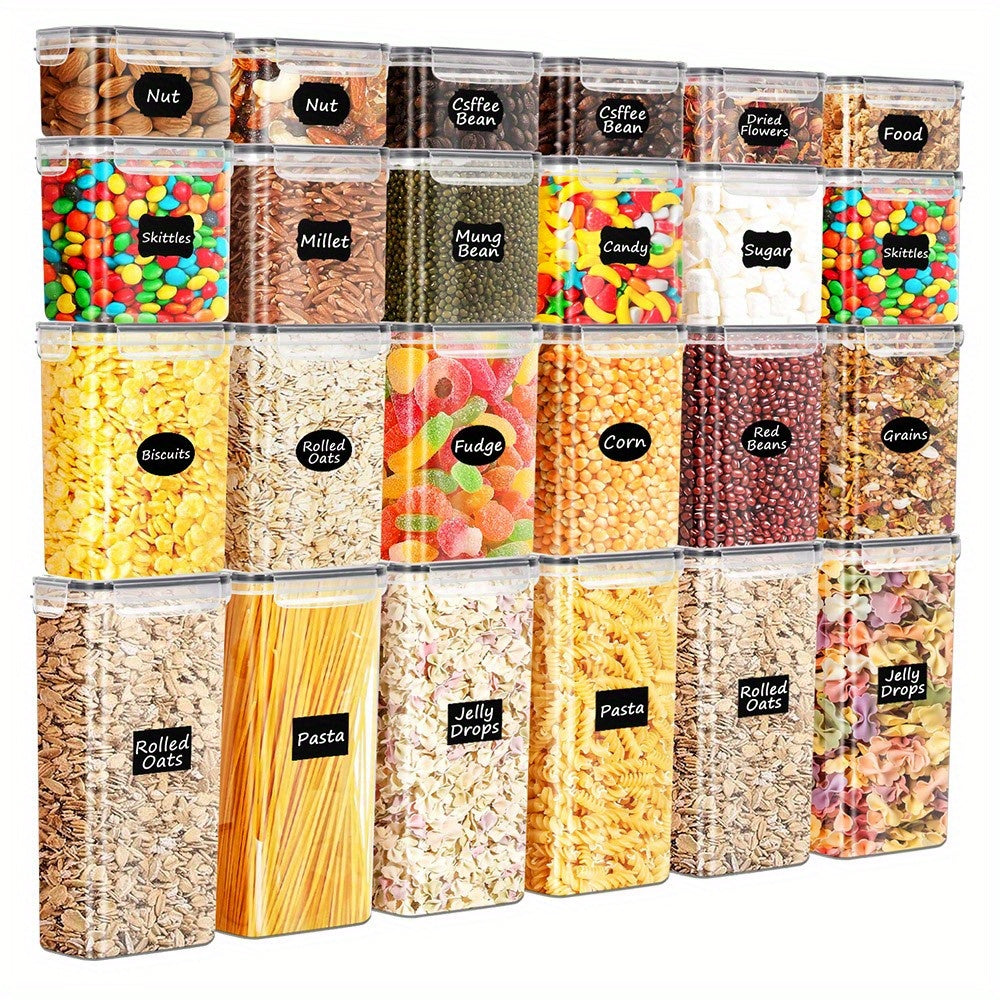 24pcs Dry Food Canisters with Lids featuring clear storage for various dry foods like nuts, pasta, and candy