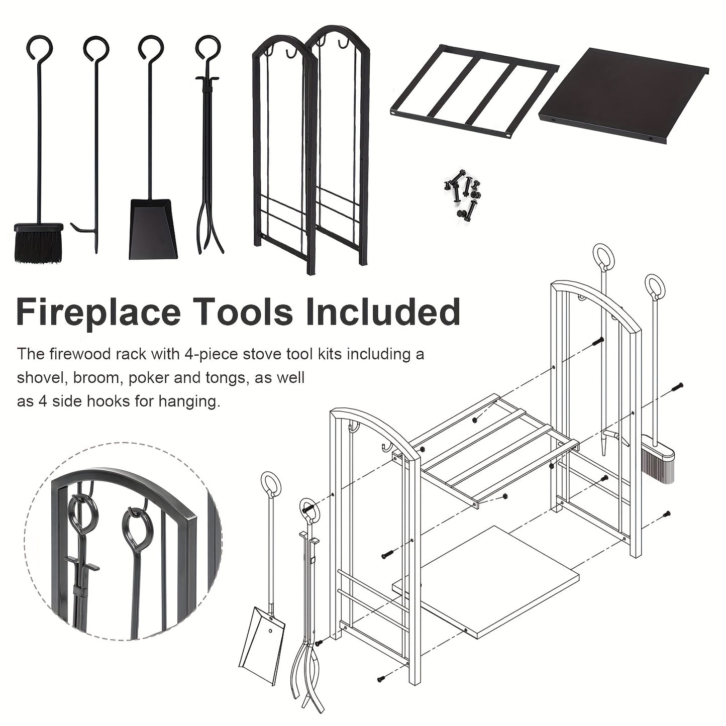 5pcs Indoor Outdoor Wrought Iron Firewood Log Storage Rack Holder Firepit Tools Set for Fireplace, Fire Pit, Stove W/Hook, Broom, Shovel, Tongs
