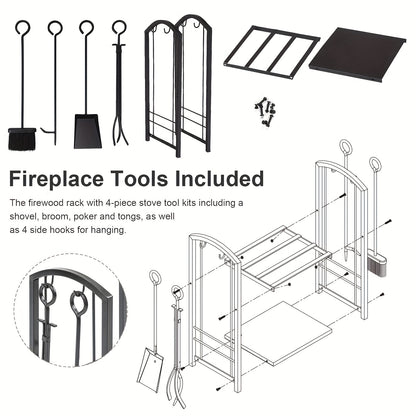 5pcs Indoor Outdoor Wrought Iron Firewood Log Storage Rack Holder Firepit Tools Set for Fireplace, Fire Pit, Stove W/Hook, Broom, Shovel, Tongs
