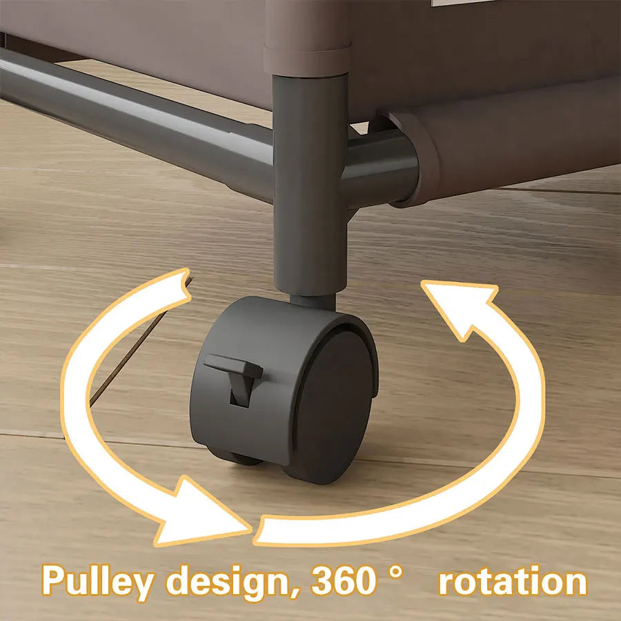 3-compartment laundry basket with wheels featuring a pulley design for easy mobility and rotation