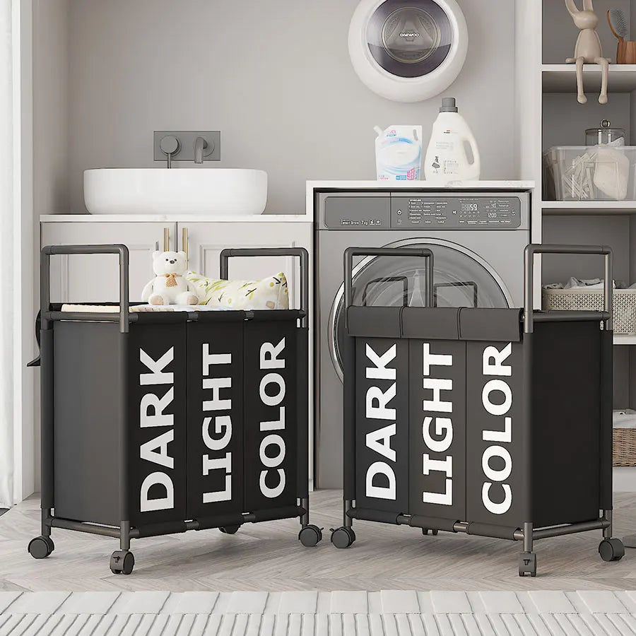 Nutshell 3-compartment laundry basket with wheels for easy sorting of dark, light, and colored clothes