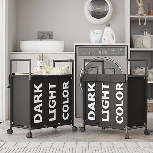 Nutshell 3-compartment laundry basket with wheels for easy sorting of dark, light, and colored clothes