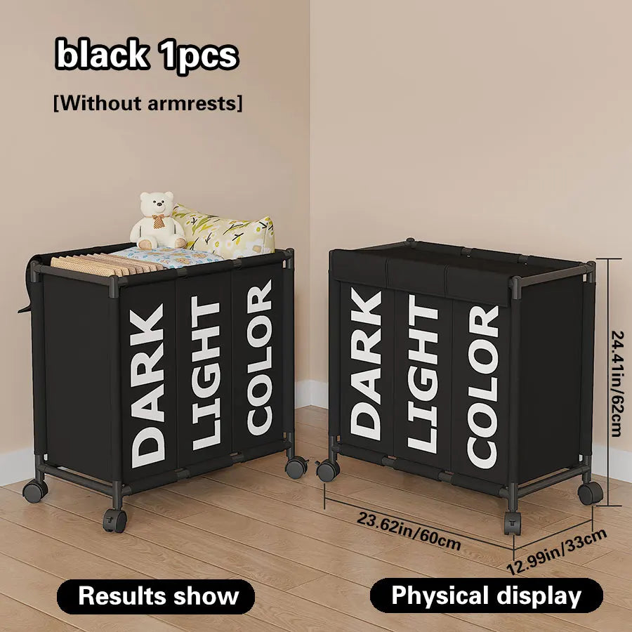 Nutshell 3-compartment laundry basket with wheels in black for organizing light, dark, and colored clothes