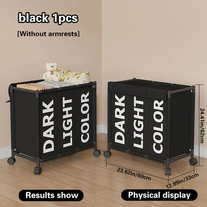 Nutshell 3-compartment laundry basket with wheels in black for organizing light, dark, and colored clothes