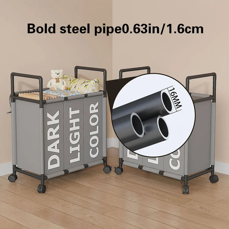 3-compartment laundry basket with wheels featuring bold steel pipe construction and labeled sections for sorting laundry.