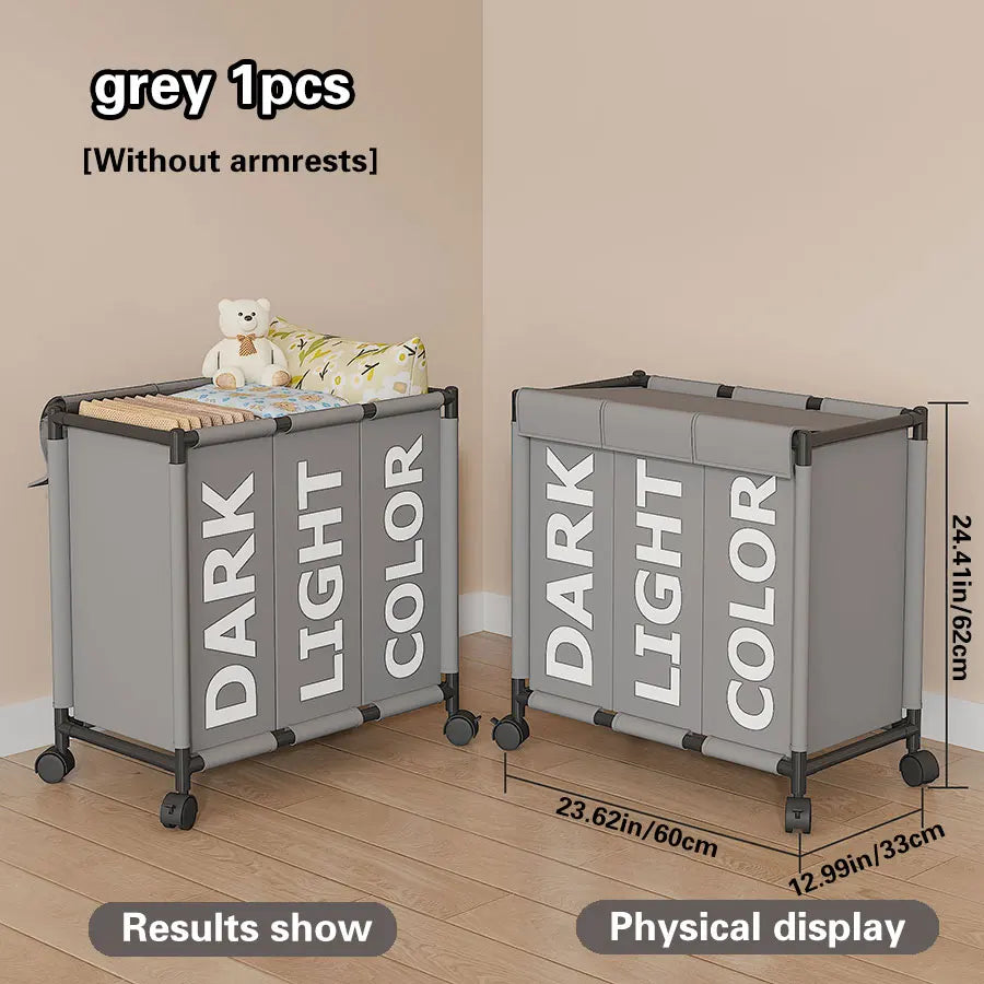 Nutshell 3-compartment laundry basket with wheels in grey for organized laundry sorting