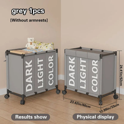 Nutshell 3-compartment laundry basket with wheels in grey for organized laundry sorting