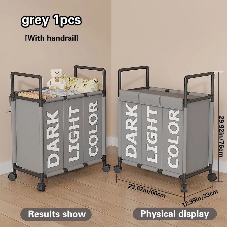 Nutshell 3-compartment laundry basket with wheels in grey with handrail for easy transport and sorting