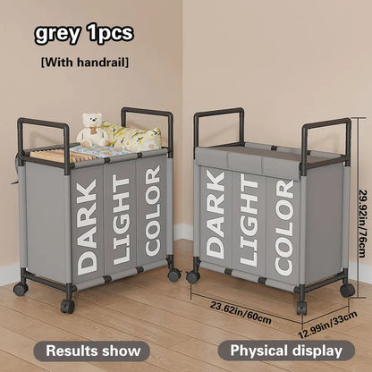 Nutshell 3-compartment laundry basket with wheels in grey with handrail for easy transport and sorting