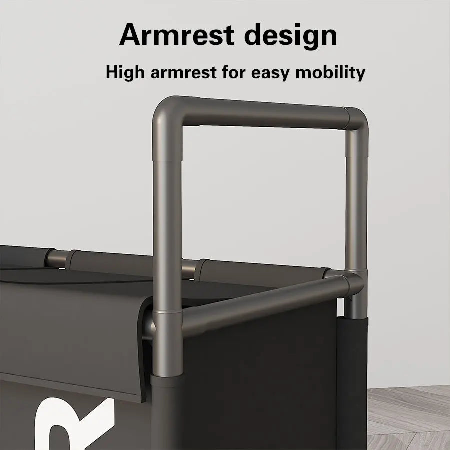 Nutshell 3-compartment laundry basket with wheels featuring a high armrest design for easy mobility