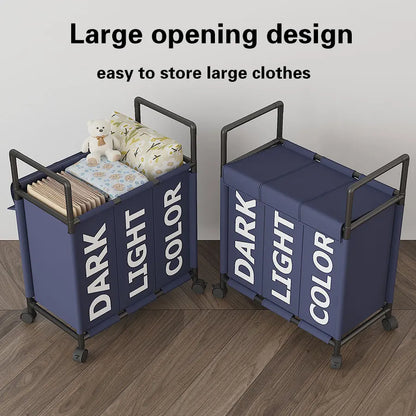 Nutshell 3-compartment laundry basket with wheels for easy organization of dark, light, and color clothes