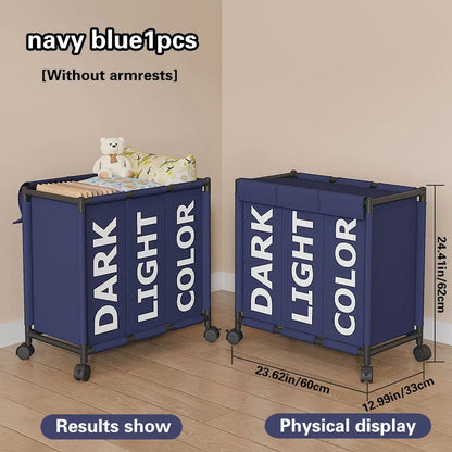 Nutshell 3-compartment laundry basket with wheels in navy blue for easy organization and mobility