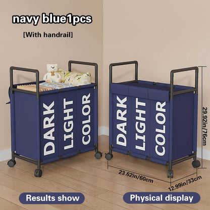 Nutshell 3-compartment laundry basket with wheels in navy blue for easy sorting and transport