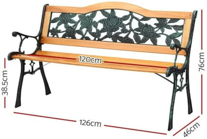 3-Seater Rose Pattern Wooden Bench with intricate rose design and sturdy metal frame for outdoor use