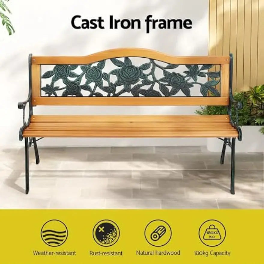 3-Seater Rose Pattern Wooden Bench with Cast Iron Frame for Garden Use, Weather-Resistant Design