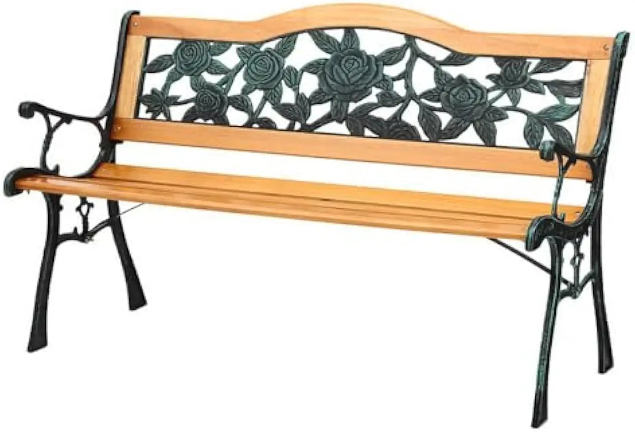 3-Seater Rose Pattern Wooden Bench with elegant floral design and sturdy iron frame for outdoor seating