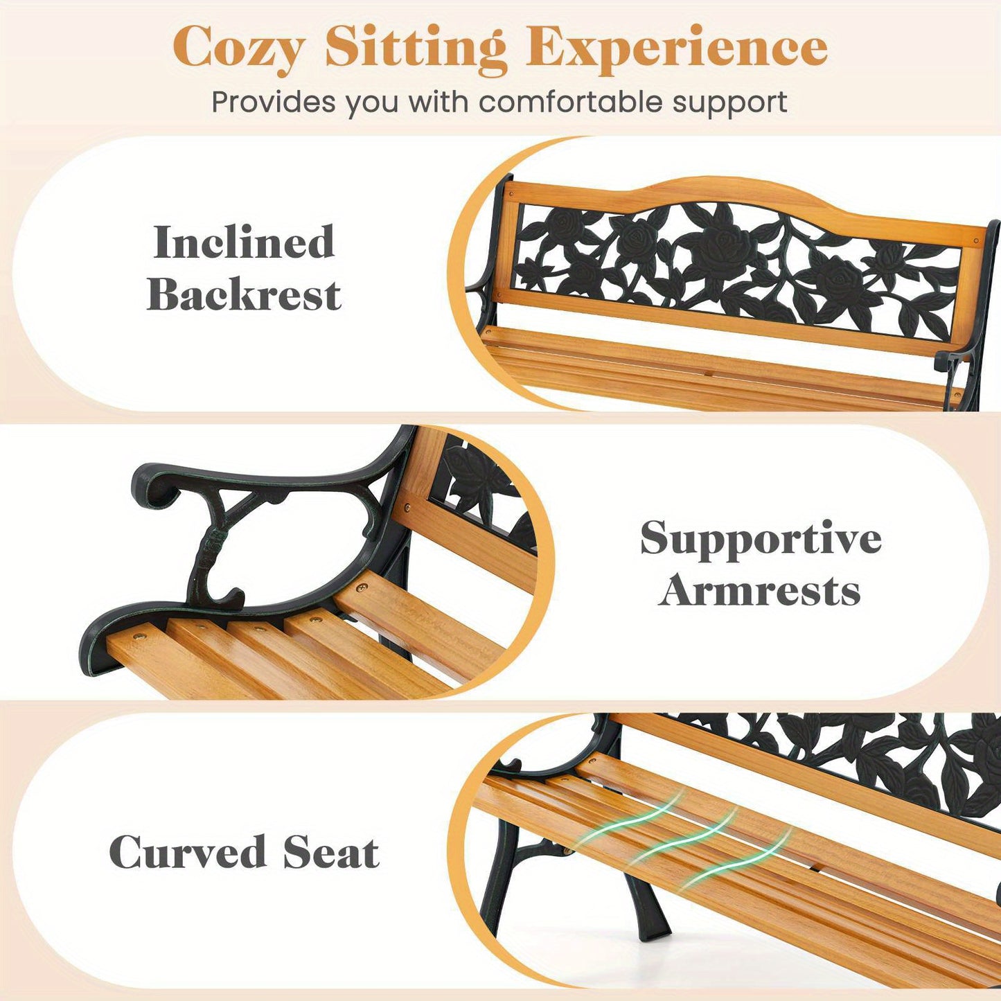 3-Seater Rose Pattern Wooden Bench with inclined backrest and supportive armrests for comfortable outdoor seating.
