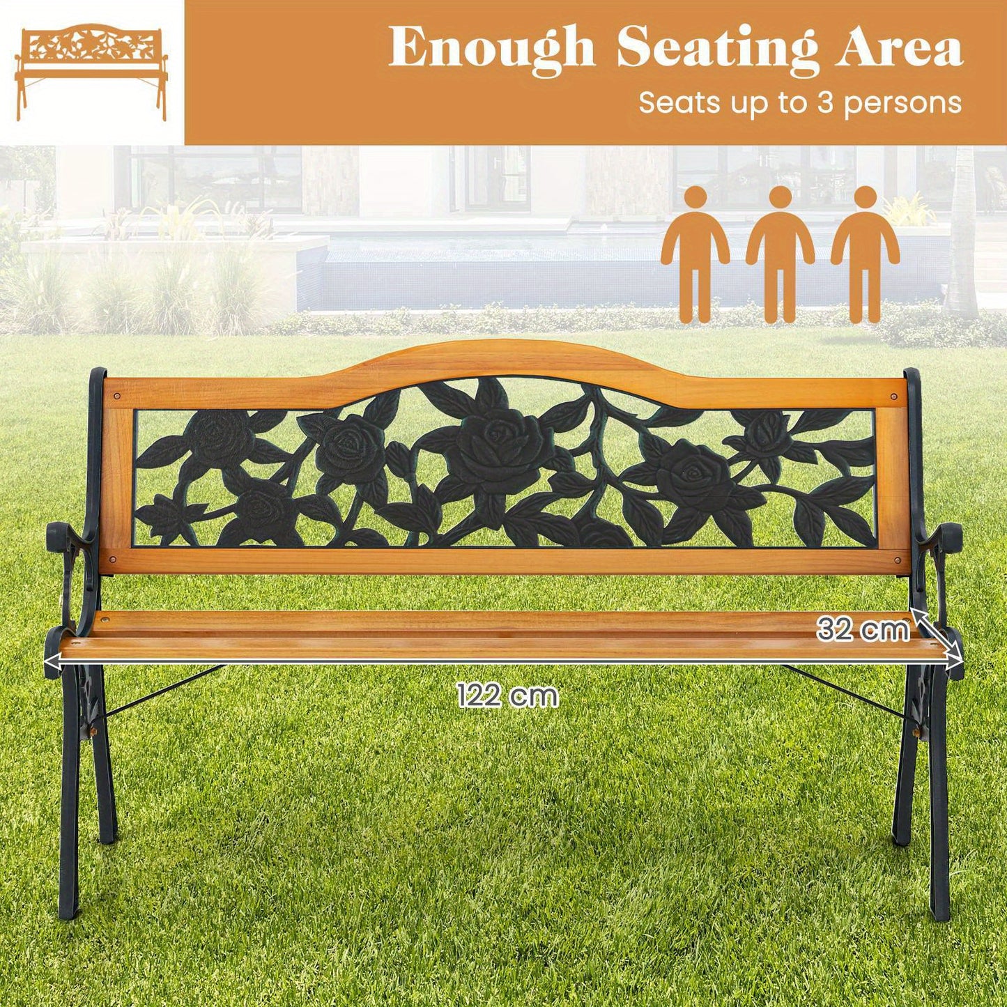 3-Seater Rose Pattern Wooden Bench with elegant design and ample seating area for garden spaces