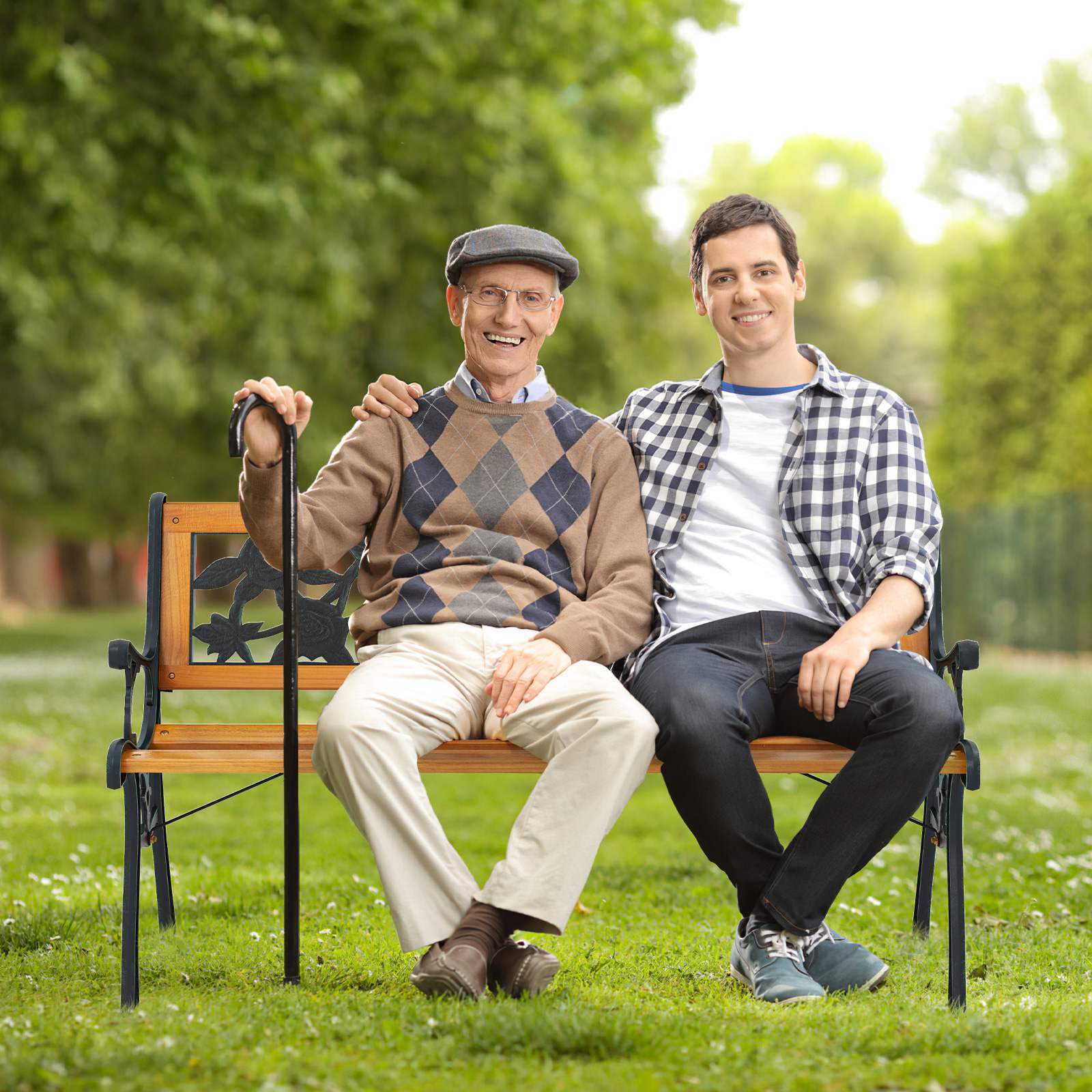 3-Seater Rose Pattern Wooden Bench with two men enjoying a relaxing moment in a garden