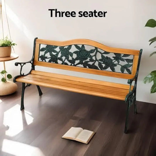 3-Seater Rose Pattern Wooden Bench with decorative metal backrest for garden seating