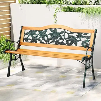 Elegant 3-Seater Rose Pattern Wooden Bench with intricate floral design, perfect for garden seating