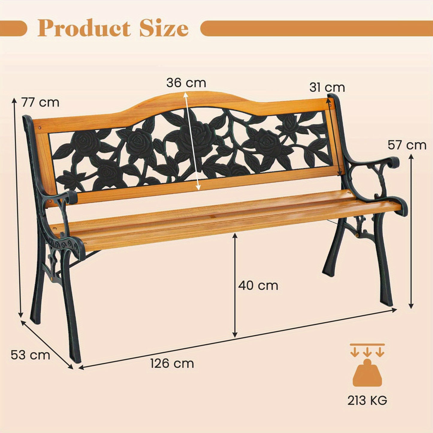 3-Seater Rose Pattern Wooden Bench with Durable Design for Outdoor Seating