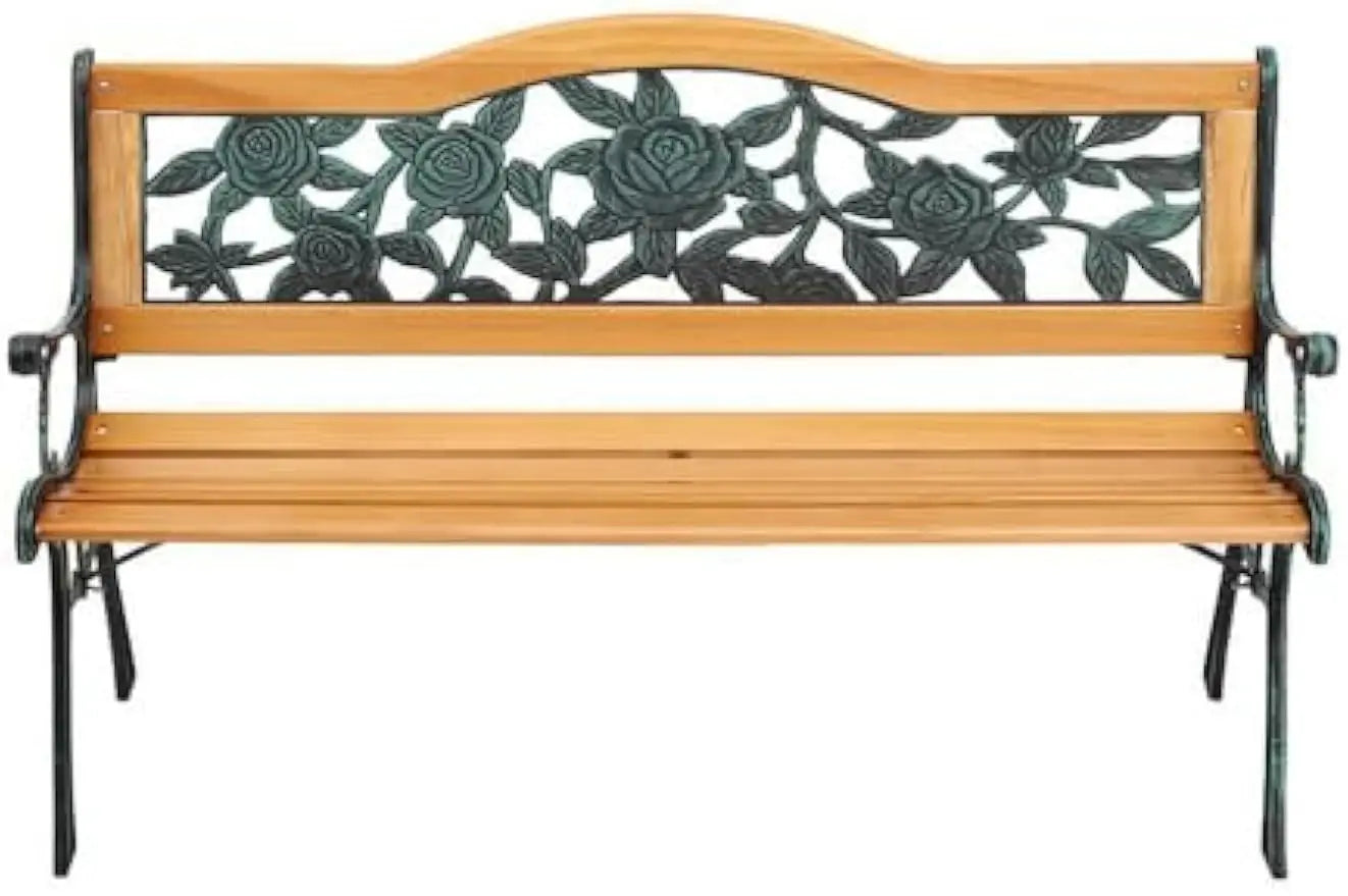 3-Seater Rose Pattern Wooden Bench with intricate floral design and sturdy frame for garden seating