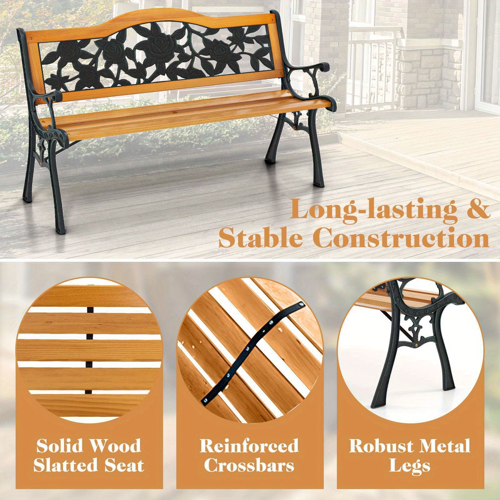 3-Seater Rose Pattern Wooden Bench with Solid Wood Seat and Robust Metal Legs for Outdoor Spaces
