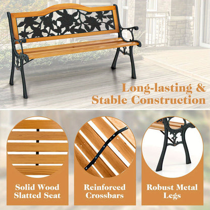 3-Seater Rose Pattern Wooden Bench with Solid Wood Seat and Robust Metal Legs for Outdoor Spaces
