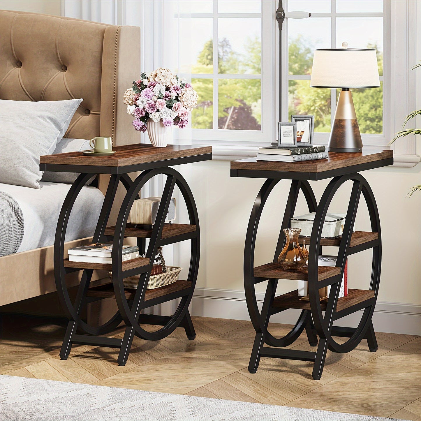 Nutshell 3 tier narrow end table with storage featuring a sleek design and open shelving for easy access