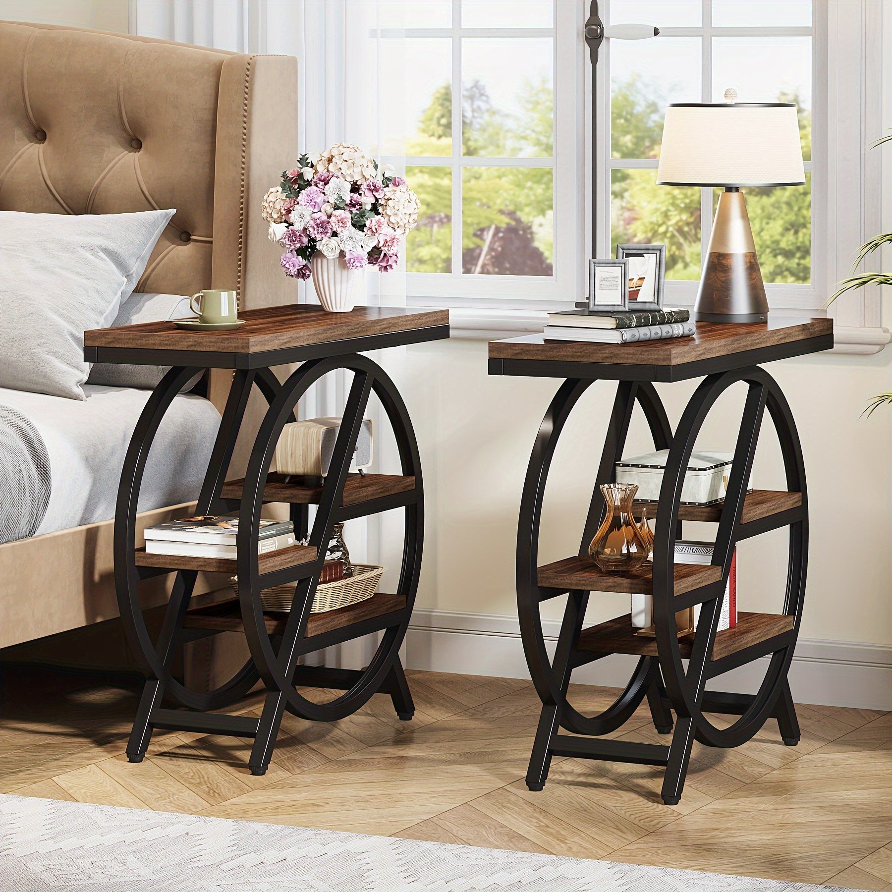 Nutshell 3 tier narrow end table with storage featuring a sleek design and open shelving for easy access