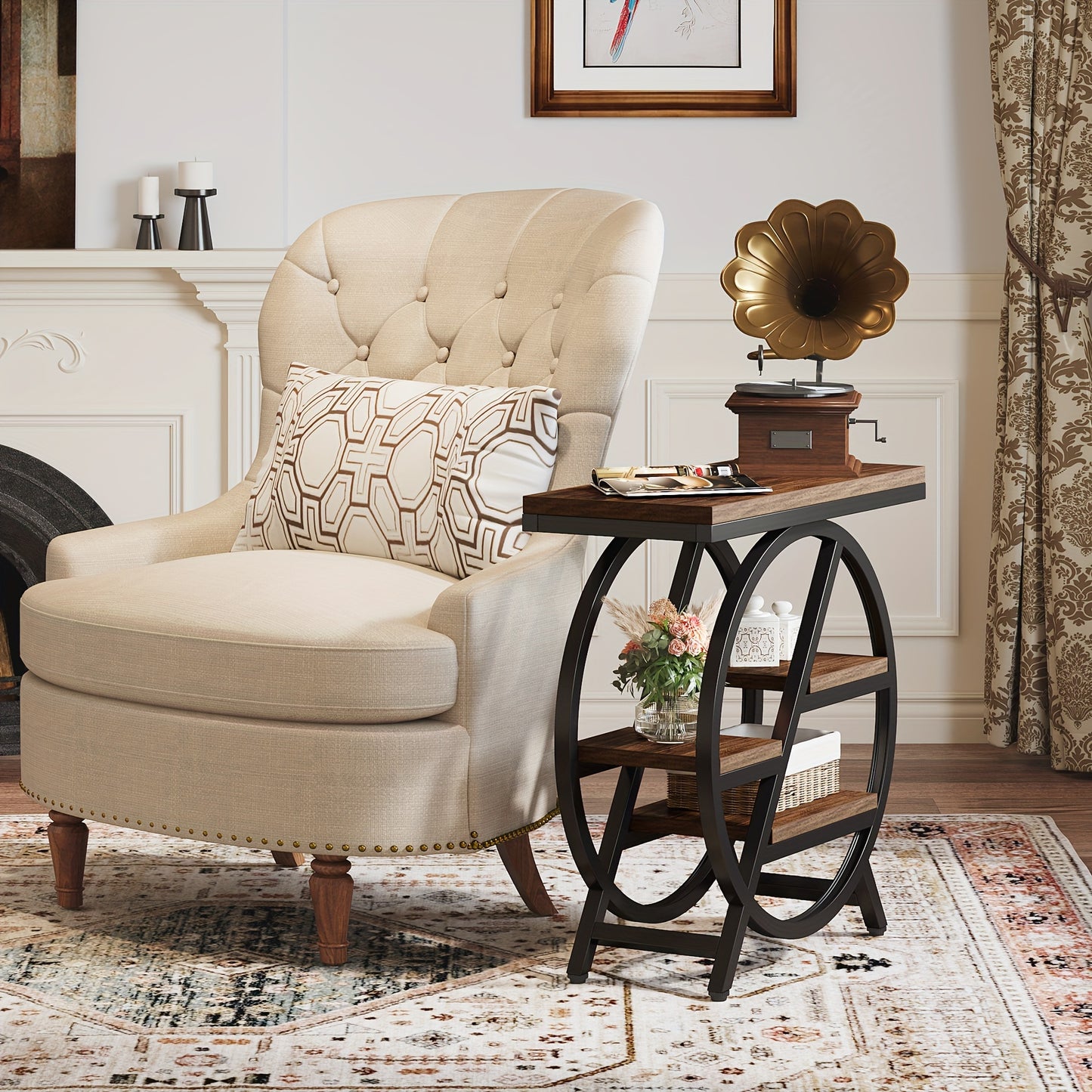 3 tier narrow end table with storage beside a stylish armchair in a cozy living room setting