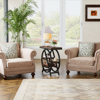 Nutshell 3 tier narrow end table with storage beside comfortable chairs in a well-lit sitting area