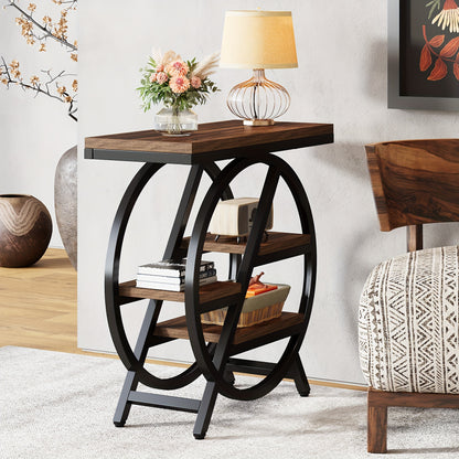Nutshell 3 tier narrow end table with storage featuring a modern design and round base