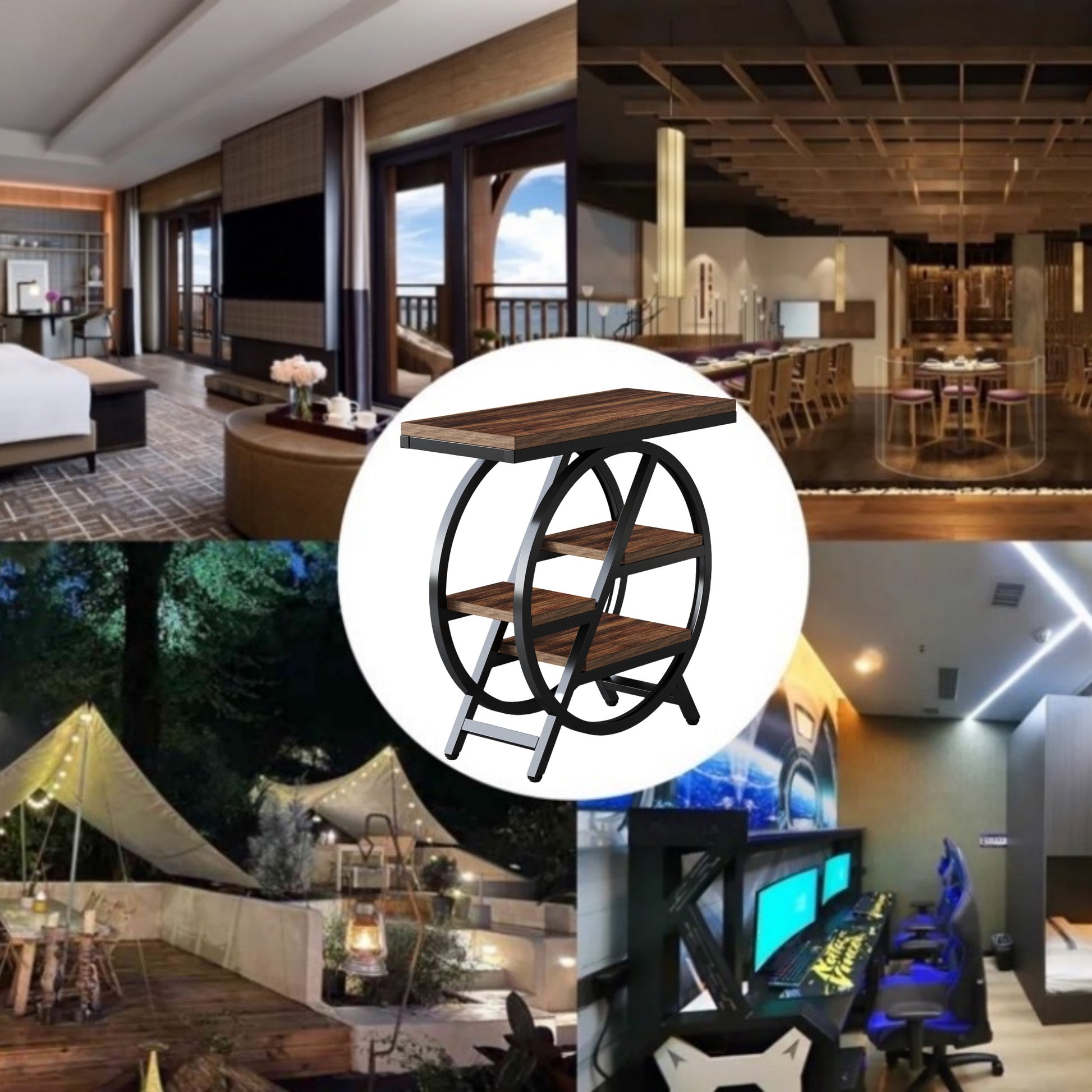 Nutshell 3 tier narrow end table with storage in stylish indoor and outdoor settings