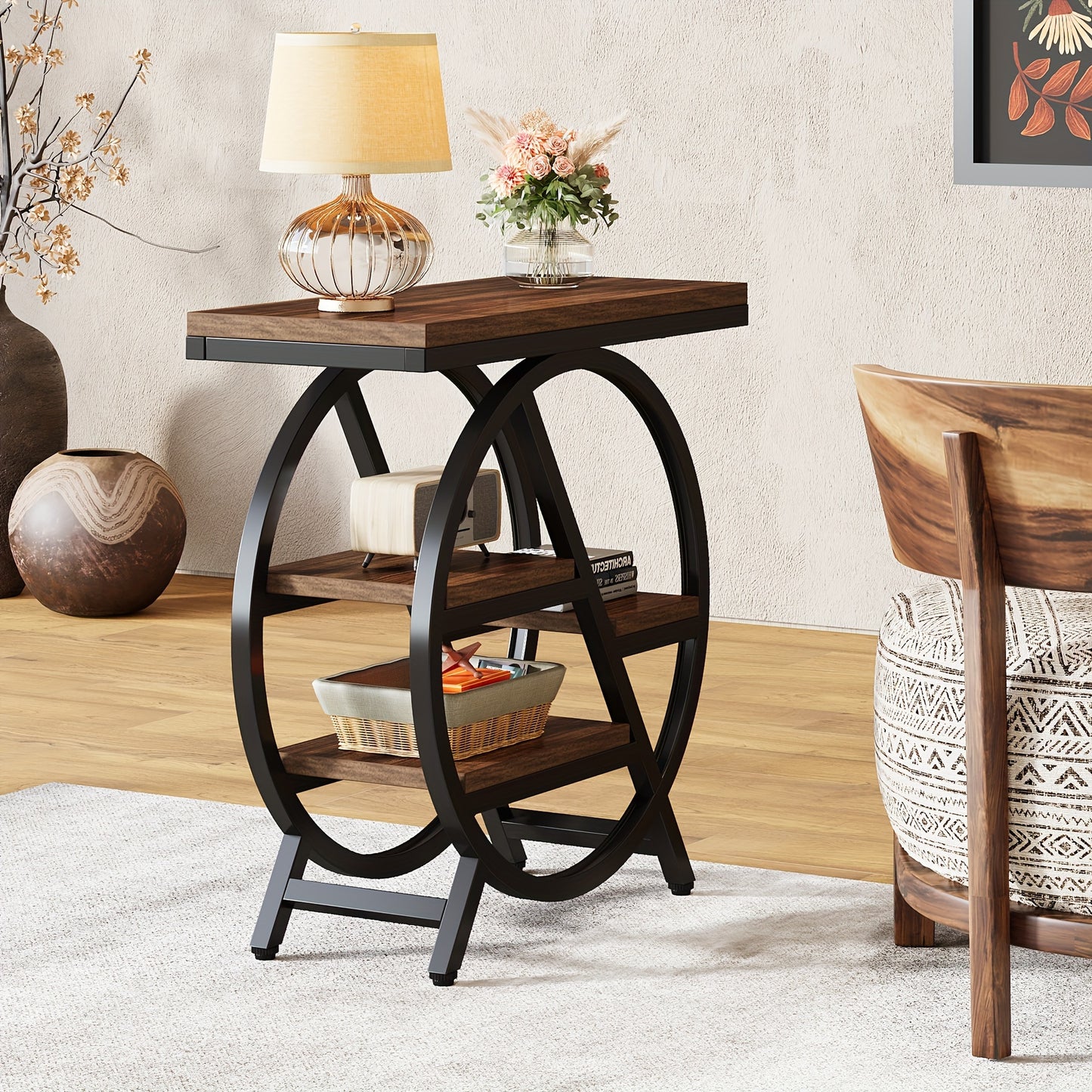 Nutshell 3 tier narrow end table with storage featuring a stylish design and a round base