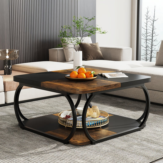 Nutshell 2 tier square coffee table with black metal frame and wood accents in modern living room