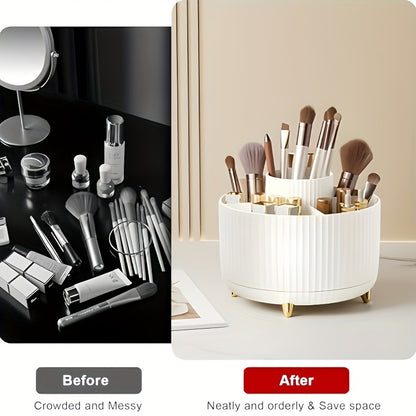Nutshell 360 degree rotating makeup organizer for tidy and accessible cosmetics storage.