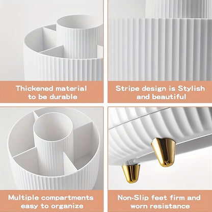Nutshell 360 degree rotating makeup organizer with multiple compartments and stylish stripe design