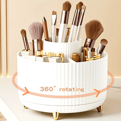 Nutshell 360 degree rotating makeup organizer featuring compartments for brushes and cosmetics